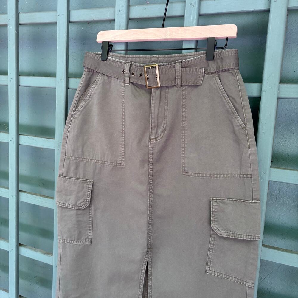 Utility Y2K Gorpcore Belted Cargo Olive Green Khaki Midi Skirt Sz6 Fairy Grunge - Picture 2 of 6